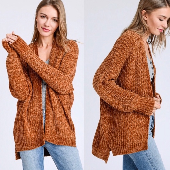 Sweaters - Chenille Open Front Cardigan (Carmel)